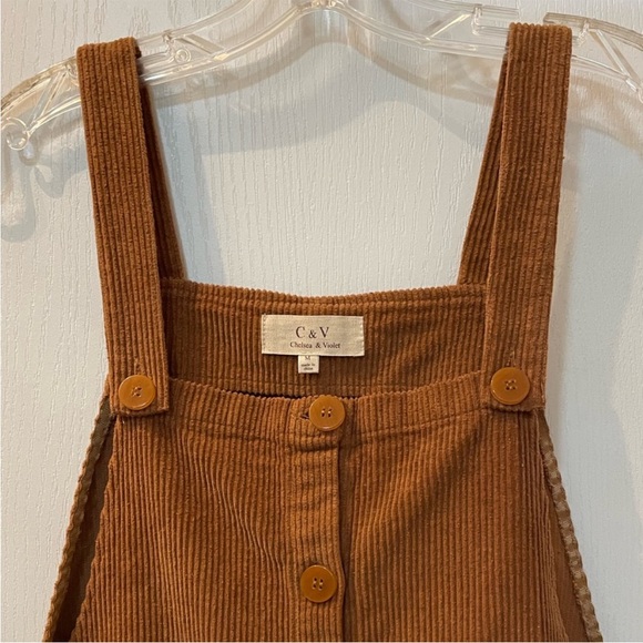 Chelsea & Violet Tan Corduroy Mini Bib Jumper Dress Size M Retro look - Picture 7 of 8